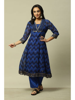Rangriti - Women Cobalt Blue Liva Printed Anarkali Kurta with Pant (Set of 2)