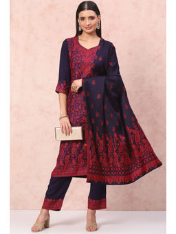 Rangriti - Women Navy Blue Art Silk Straight Kurta with Pant & Dupatta (Set of 3)