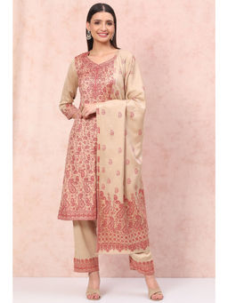 Rangriti - Women Sand Beige Art Silk Straight Kurta with Pant & Dupatta (Set of 3)