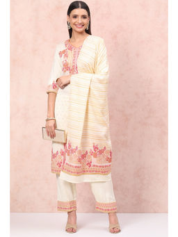 Rangriti - Women Cream Art Silk Straight Kurta with Palazzo & Dupatta (Set of 3)