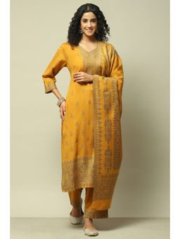 Rangriti - Women Mustard Viscose Straight Yarn Dyed Kurta with Palazzo & Dupatta (Set of 3)