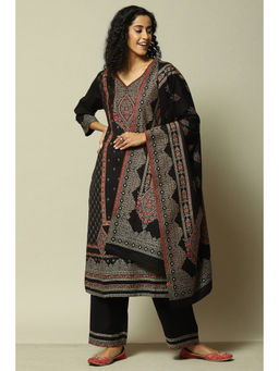 Rangriti - Women Black Poly Viscose Straight Printed Kurta with Palazzo & Dupatta (Set of 3)