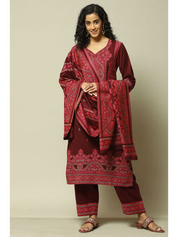 Rangriti - Women Maroon Poly Viscose Straight Printed Kurta with Palazzo & Dupatta (Set of 3)