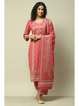 Rangriti - Women Coral Poly Viscose Straight Printed Kurta with Palazzo & Dupatta (Set of 3)