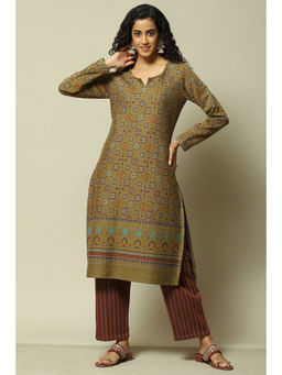 Rangriti - Women Olive Jacquard Straight Printed Kurta with Palazzo (Set of 2)