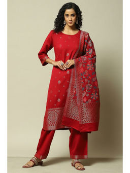 Rangriti - Women Red Poly Viscose Straight Floral Kurta with Palazzo & Dupatta (Set of 3)