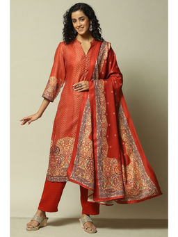 Rangriti - Women Rust Polyester Straight Printed Kurta with Pant & Dupatta (Set of 3)