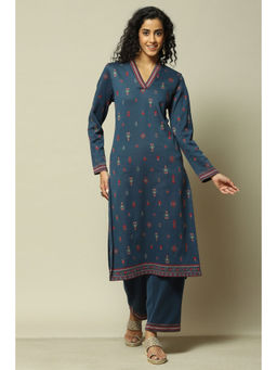 Rangriti - Women Blue Jacquard Straight Printed Kurta with Palazzo (Set of 2)