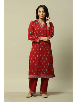Rangriti - Women Deep Red Jacquard Straight Printed Kurta with Palazzo (Set of 2)