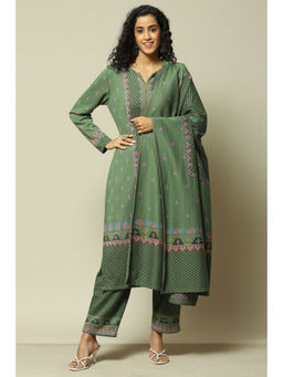 Rangriti - Women Green Cotton Blend Straight Printed Kurta with Palazzo & Dupatta (Set of 3)