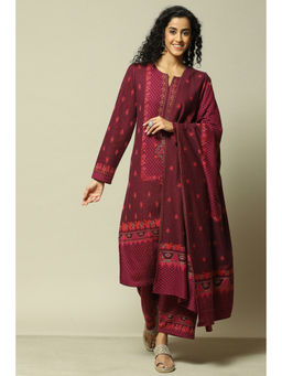 Rangriti - Women Wine Cotton Blend Straight Printed Kurta with Palazzo & Dupatta (Set of 3)