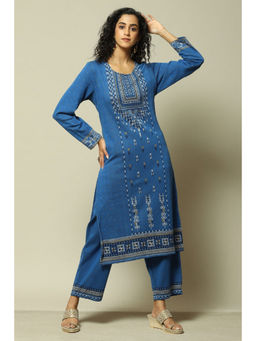 Rangriti - Women Cobalt Cotton Blend Straight Printed Kurta with Palazzo (Set of 2)