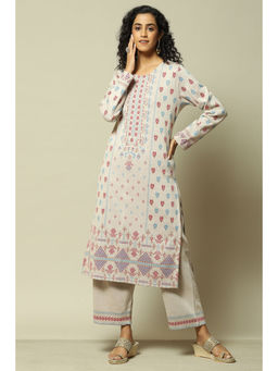 Rangriti - Women Ecru Jacquard Straight Printed Kurta with Palazzo (Set of 2)