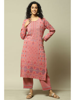 Rangriti - Women Peach Jacquard Straight Printed Kurta with Palazzo (Set of 2)