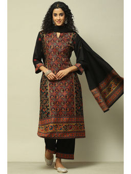 Rangriti - Women Black Poly Viscose Straight Printed Kurta with Palazzo & Dupatta (Set of 3)