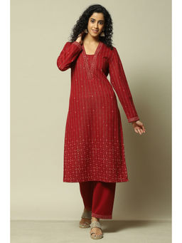 Rangriti - Women Maroon Cotton Blend Straight Printed Kurta with Palazzo (Set of 2)