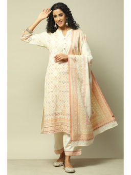 Rangriti - Women Off White Cotton Blend Printed Kurta with Palazzo & Dupatta (Set of 3)