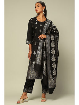 Rangriti - Women Black Acrylic Straight Floral Kurta with Palazzo & Dupatta (Set of 3)