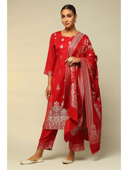 Rangriti - Women Red Acrylic Straight Floral Kurta with Palazzo & Dupatta (Set of 3)