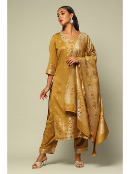 Rangriti - Women Mustard Acrylic Straight Floral Kurta with Palazzo & Dupatta (Set of 3)