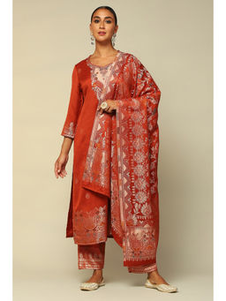 Rangriti - Women Rust-Red Acrylic Straight Floral Kurta with Palazzo & Dupatta (Set of 3)