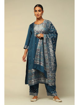 Rangriti - Women Petrol Blue Acrylic Straight Floral Kurta with Palazzo & Dupatta (Set of 3)