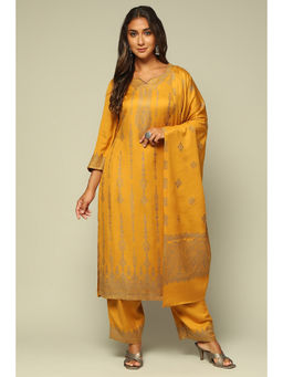 Rangriti - Women Mustard Acrylic A-Line Printed Kurta with Palazzo & Dupatta (Set of 3)