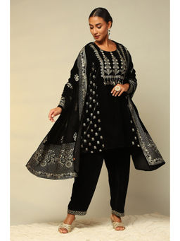 Rangriti - Women Black Poly Velvet A-Line Embroidered Kurta with Salwar & Dupatta (Set of 3)