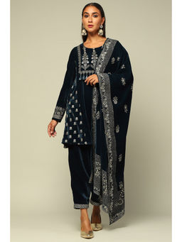 Rangriti - Women Teal Poly Velvet A-Line Embroidered Kurta with Salwar & Dupatta (Set of 3)