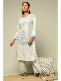 Rangriti - Women Grey Acrylic Straight Printed Kurta with Palazzo (Set of 2)