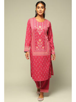 Rangriti - Women Pink Acrylic Straight Printed Kurta with Palazzo (Set of 2)