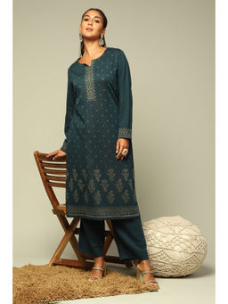Rangriti - Women Teal Blue Circular Jacquard Straight Printed Kurta with Palazzo (Set of 2)