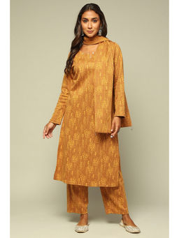 Rangriti - Women Mustard Jacquard Straight Printed Kurta with Palazzo & Dupatta (Set of 3)