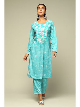 Rangriti - Women Aqua Blue Polyester Melange Straight Embroidered Kurta with Pant (Set of 2)