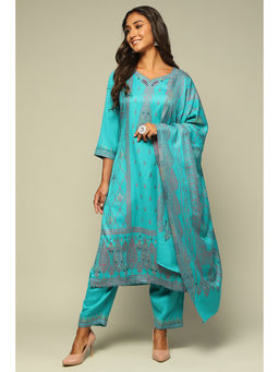 Rangriti - Women Blue Poly Acrylic Straight Printed Kurta with Palazzo & Dupatta (Set of 3)