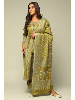 Rangriti - Women Lime Acrylic Straight Printed Kurta with Palazzo & Dupatta (Set of 3)