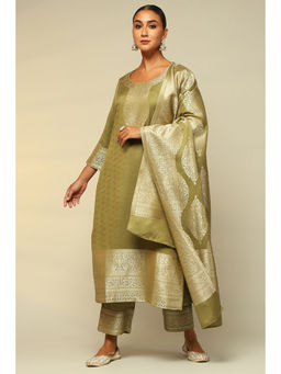 Rangriti - Women Green Acrylic Straight Zari Woven Kurta with Palazzo & Dupatta (Set of 3)