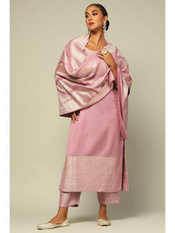Rangriti - Women Mauve Acrylic Straight Zari Woven Kurta with Palazzo & Dupatta (Set of 3)