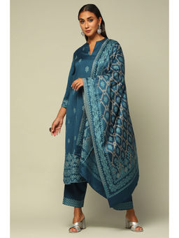 Rangriti - Women Blue Acrylic Straight Printed Kurta with Palazzo & Dupatta (Set of 3)