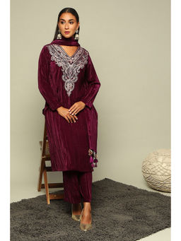 Rangriti - Women Wine Poly Velvet Straight Embroidered Kurta with Palazzo & Dupatta (Set of 3)