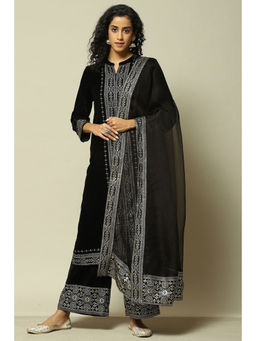 Rangriti - Women Black Polyester Straight Printed Kurta with Palazzo & Dupatta (Set of 3)
