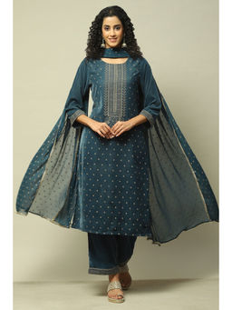 Rangriti - Women Teal Polyester Straight Printed Kurta with Palazzo & Dupatta (Set of 3)