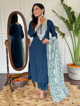 Lush Glam - Women Blue Embroidered Kurta with Pant and Dupatta