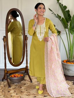 Lush Glam - Women Mustard Embroidered Kurta with Pant and Dupatta