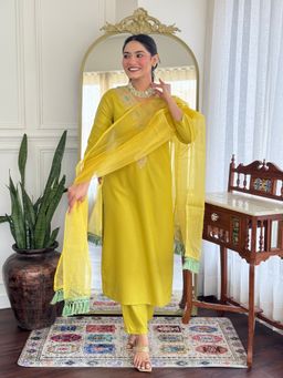 Lush Glam - Women Mustard Embroidered Kurta with Pant and Dupatta