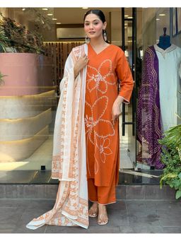 Lush Glam - Women Orange Embroidered Kurta with Pant and Dupatta