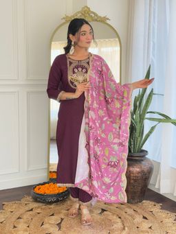 Lush Glam - Women Purple Embroidered Kurta with Pant and Dupatta