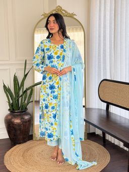 Lush Glam - Women Aqua Floral Kurta with Pant and Dupatta