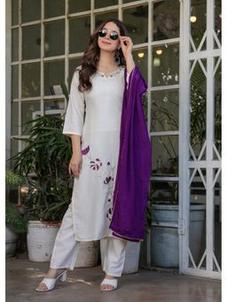 Lush Glam - Women White Embroidered Kurta with Pant and Dupatta