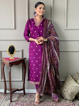Lush Glam - Women Purple Embroidered Kurta with Pant and Dupatta